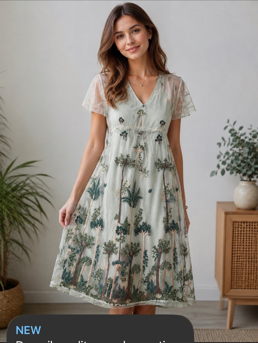 Embroidered Sage Green V-Neck Midi Dress